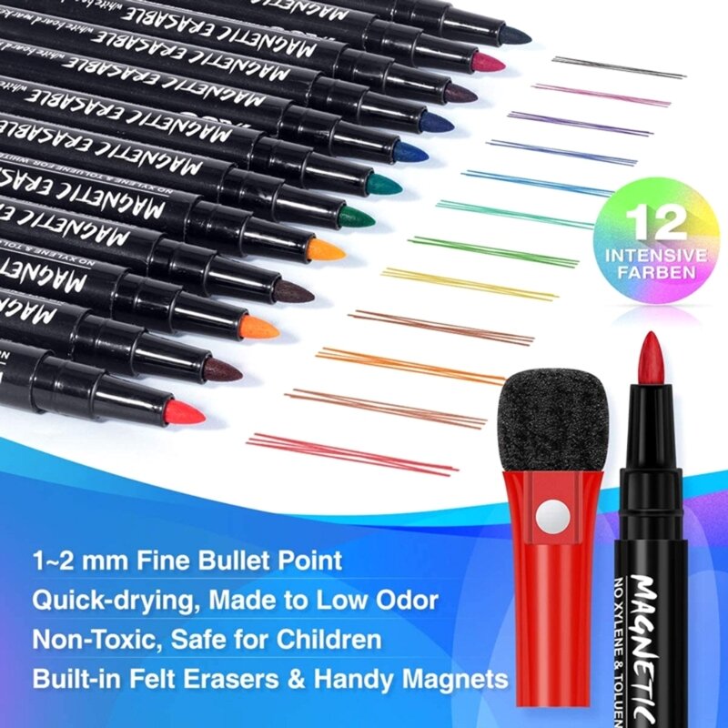 Spidol magnetik, pena papan tulis, 12 macam warna kering penghapus kering dengan penghapus untuk rumah sekolah kantor