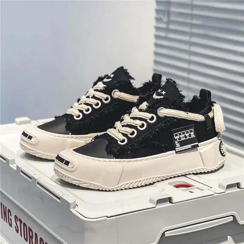 Canvas Shoes for Man 2024 Fashion Comfortable Soft Casual Sneaker Lace-up Flat Thick Sole Summer Vulcanized Shoes Female Black