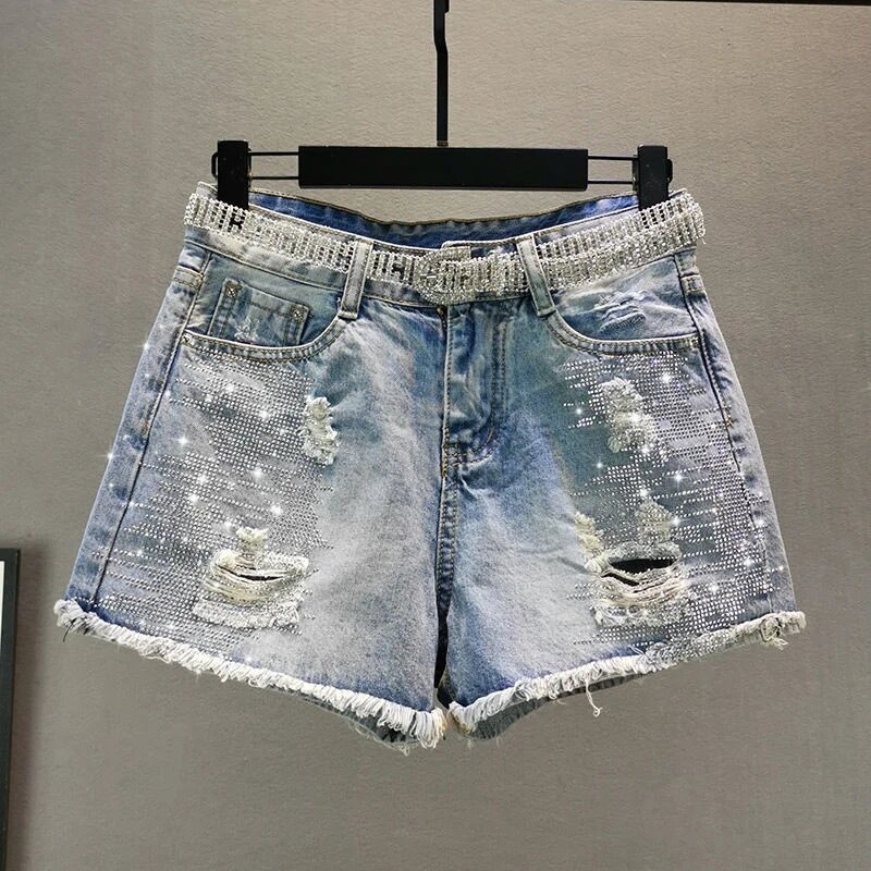 2024 New Summer Denim Shorts Diamond Beading Tassels Shiny Chic Short Empire Ripped Holes Slim Shorts Female Pant