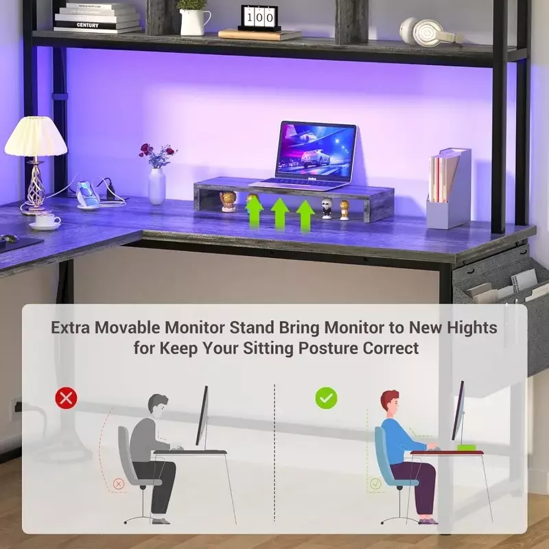 Mesa Gaming em forma de L com Tomada e Barra LED, Mesa reversível com Prateleiras De Armazenamento e Suporte Monitor