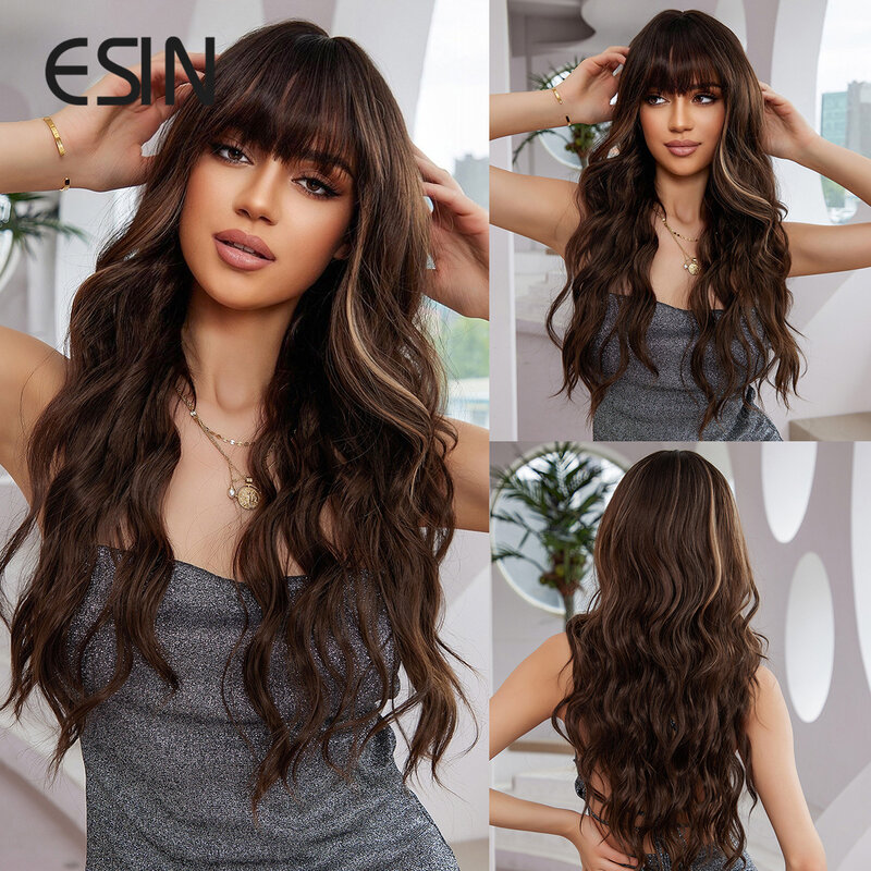 ESIN-marrom sintético destaca perucas com franja para mulheres, peruca reta longa, cabelo cosplay natural, fibra resistente ao calor, festa