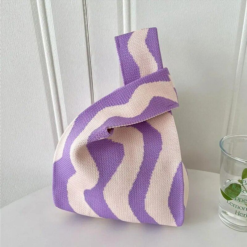 YLB2 New Stripes Knit Handbags Women Handmade Knot Wrist  Casual Small Tote  Girls Reusable Shopping Bags