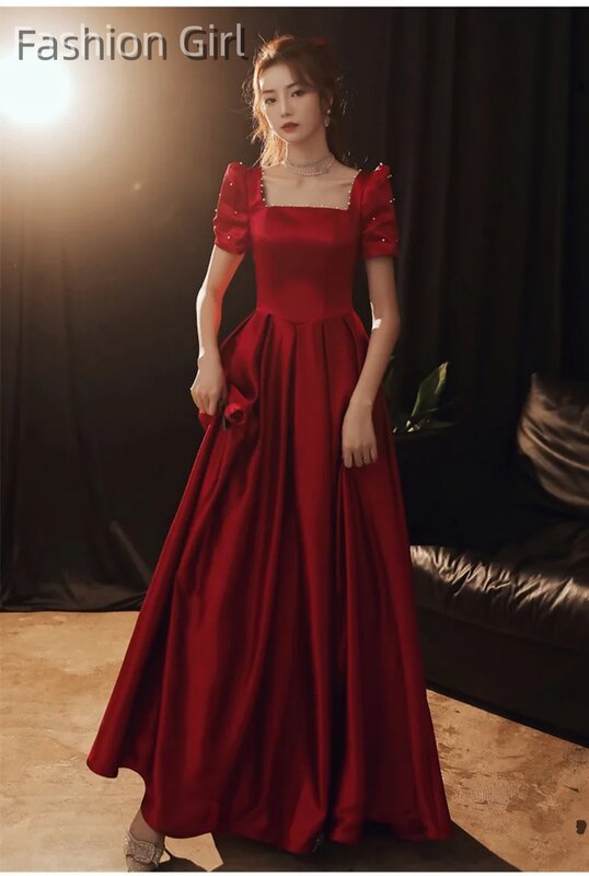 Classic Women Evening Dress Long Wine Red Engagement Party Square Collar Vintage A-Line Satin Formal Occasion فساتين السهرة