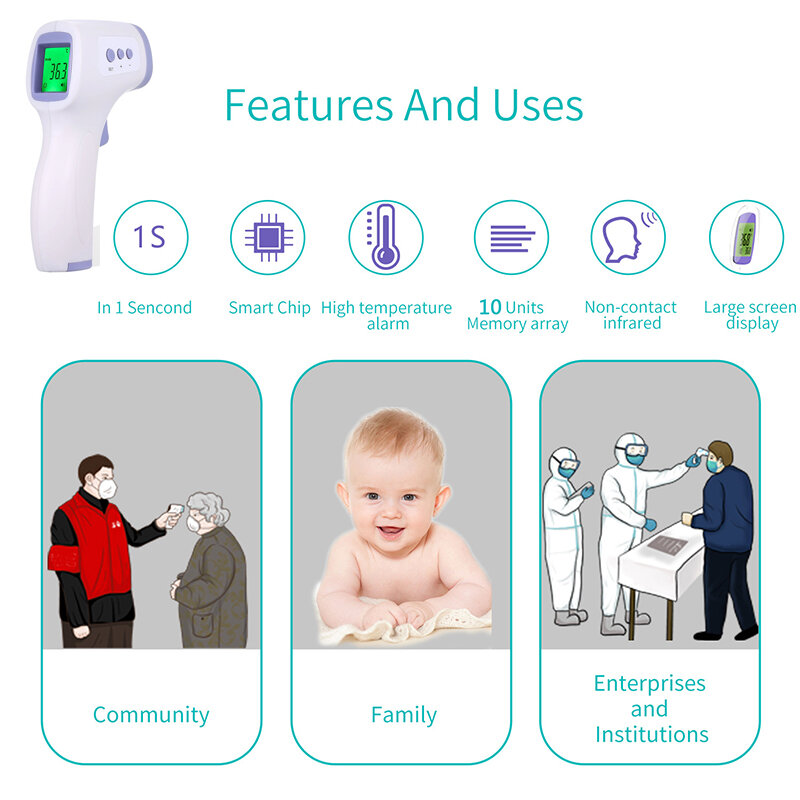 Sem contato infravermelho LED Digital testa medição para adulto e criança, pistola de temperatura corporal, aquecimento rápido termômetro, oxímetro