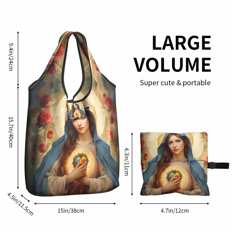 قلب طاهر من حقيبة بقالة ماري الكاثوليكية ، قابلة للطي ، قابلة للغسل آليًا ، حقيبة تسوق Jesus Christ Saint ، حقيبة تخزين بيئية كبيرة