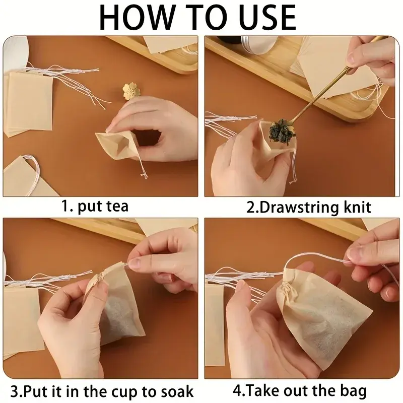 Lot kantong teh sekali pakai dapat terurai, kantong Filter teh kertas dengan tali menyembuhkan segel kosong tali serut bumbu longgar daun bubuk teh