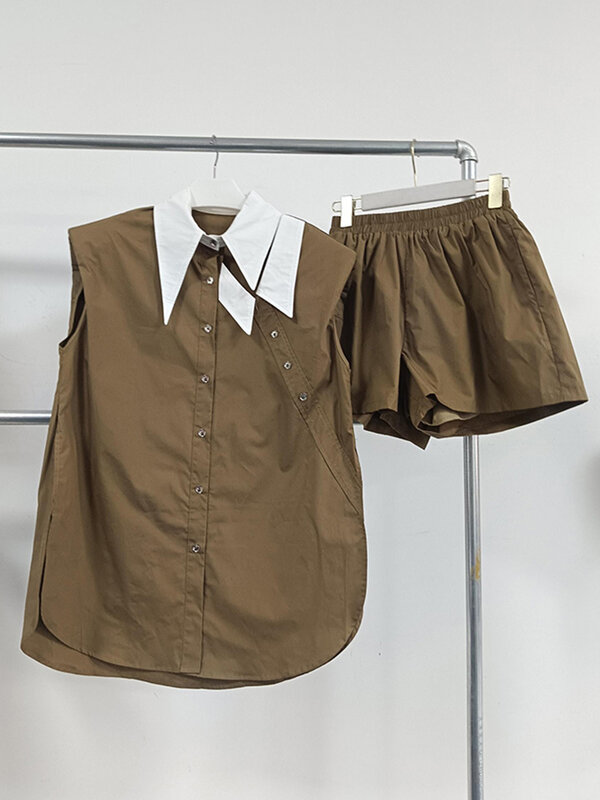ROMISS-Conjunto feminino irregular de duas peças, lapela sem mangas, top de botão emendado, shorts de cintura alta, conjuntos soltos, feminino
