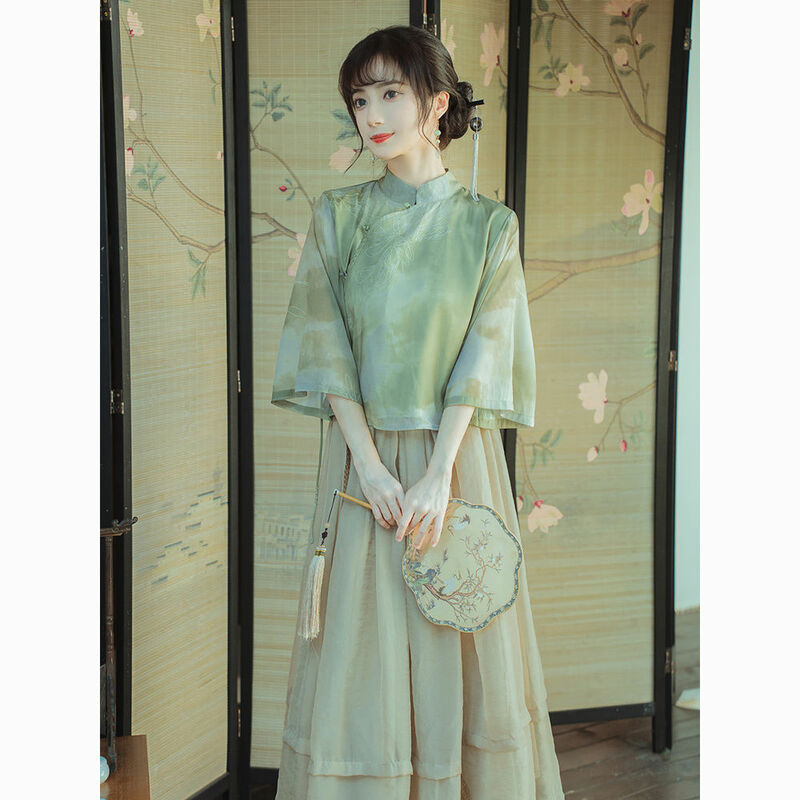ชุดฮั่นฝูของผู้หญิงแบบดั้งเดิมชุดฮั่นฝูประเทศจีนชุดชุดคอสเพลย์ผู้หญิงสีเขียวชุดฮั่นฝู