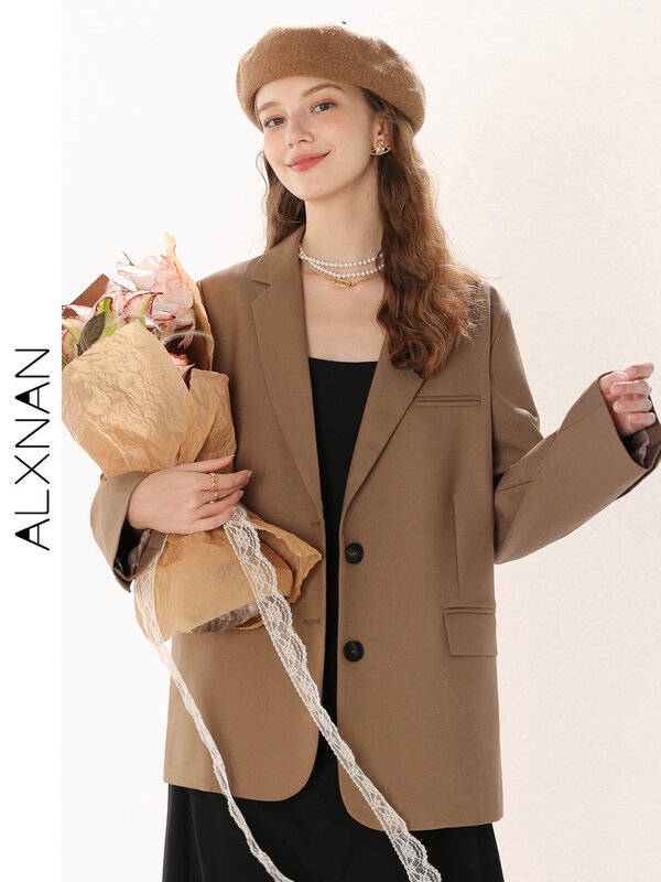 ALXNAN-Chaqueta Retro de un solo pecho para mujer, abrigo holgado con cuello vuelto elegante, ropa informal, TM00211, otoño, 2024