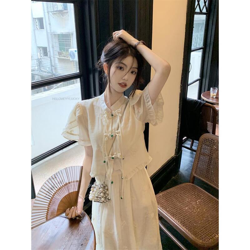 New Chinese Style Lady Button Up Kurzarm Top hoch taillierten Rock Damen Sommer neue Mode verbessert täglich Hanfu Set