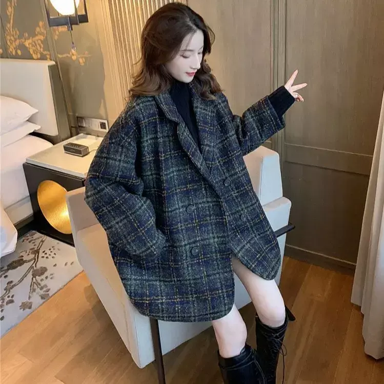 Veste à carreaux en cachemire pour femme, veste coréenne ample, double boutonnage, courte en coton, classique, vintage, marron, automne hiver 2022