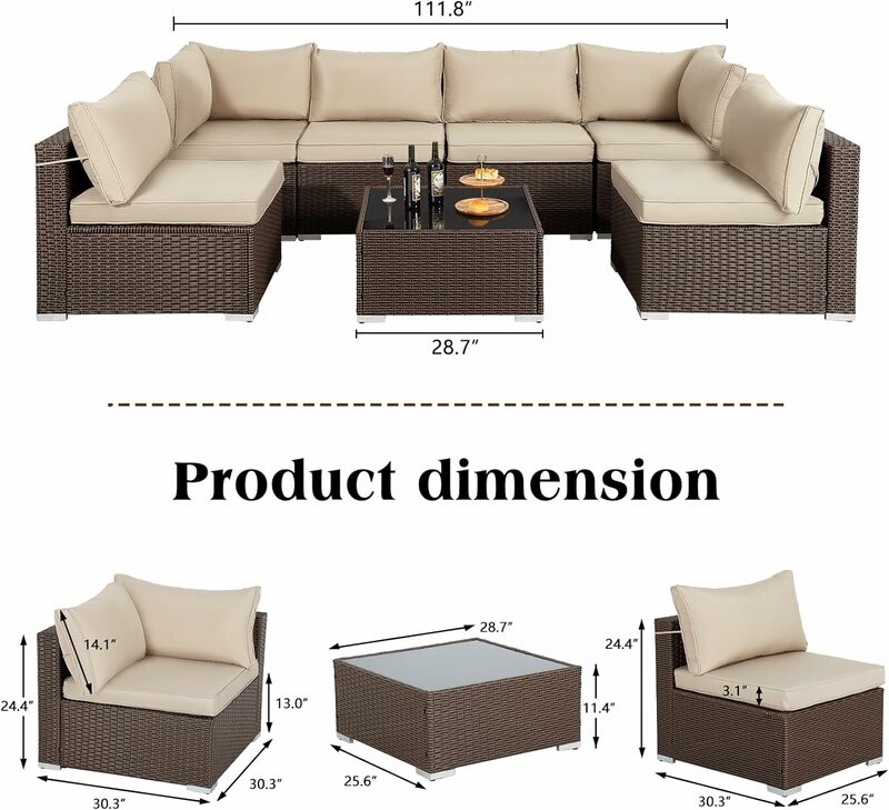 Outdoor Rattan Furniture Sofa Set, Wicker Patio Conversation Sets with Coffee Table, Outdoor Sectional Couch with Khaki Cushion