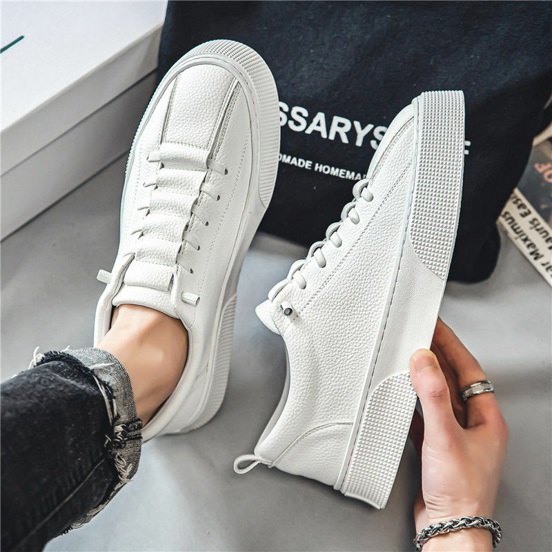 Men  Black White Leather Sneakers Casual Soft Leather Shoes Lace-up Shoes Mens Fashion Outdoor Walking Shoes Male Trainers