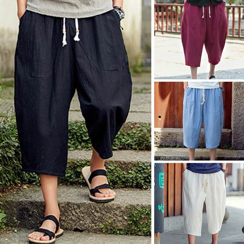 Мужские брюки-султанки в китайском стиле, повседневные мешковатые брюки длиной до икры, брюки для мальчиков, короткие джоггеры, повседневные спортивные брюки