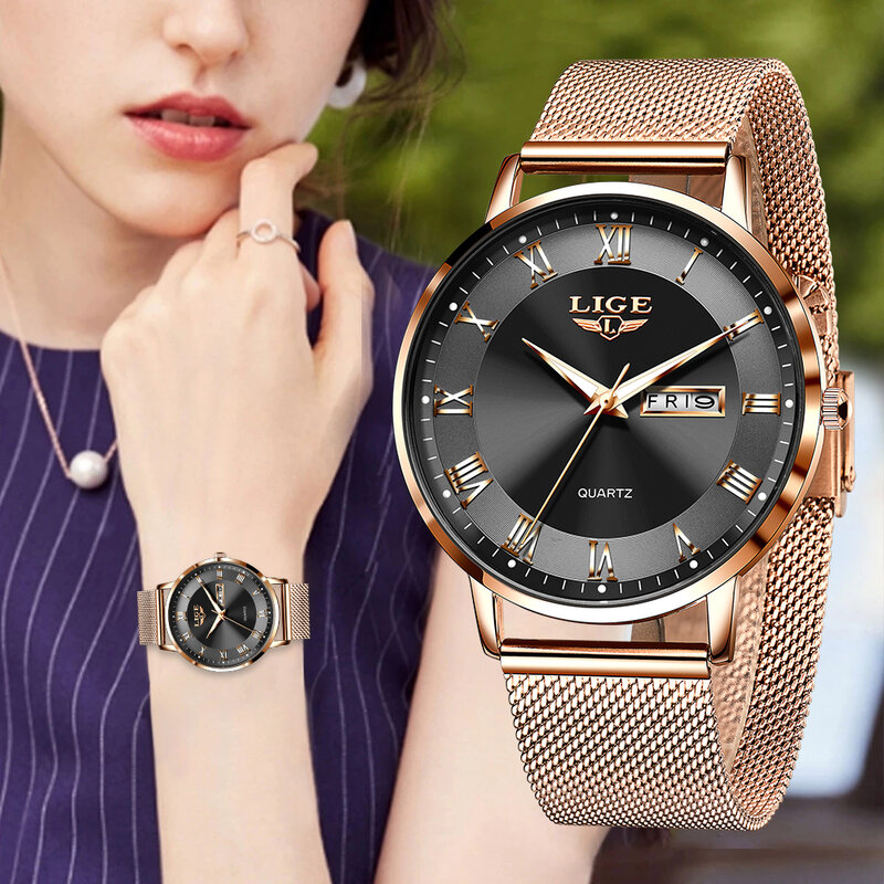 Lige女性腕時計ブレスレットクォーツ時計ムーブメントシンプル防水ローズゴールドステンレス鋼メッシュレディース腕時計レロジオfeminino