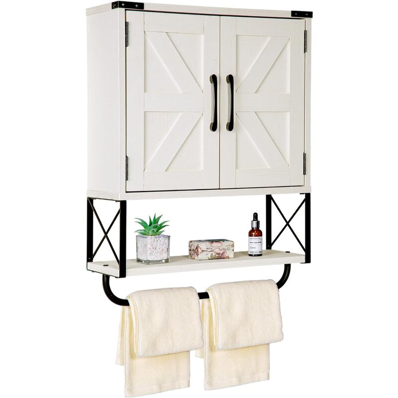 Farmhouse Medicine Cabinet with 2 Barn Door, Wood Wall Mounted Storage Cabinet with Adjustable Shelf and Towel Bar, neat