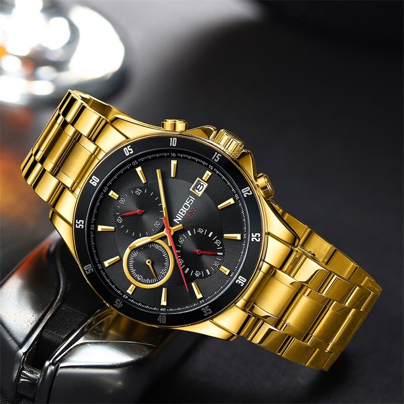 NIBOSI Fashion Mens Watches Top Brand Luxury Chronograph Quartz Watch Men Stainless Steel Waterproof Sport Calendar WristWatch