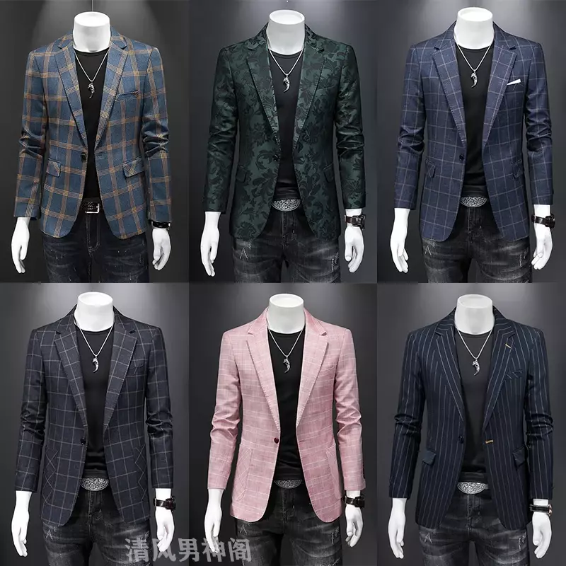 Jaket Blazer kotak-kotak pria, Blazer kasual bisnis ramping pas badan 2023, jaket jas 5XL musim semi dan musim gugur