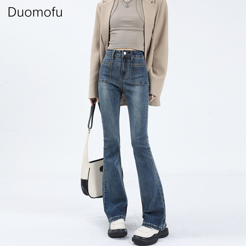 Duomofu-pantalones vaqueros coreanos elegantes para mujer, femeninos de Vaqueros cintura alta, ajustados, Vintage, básicos, con cremallera y botones, a la moda, sencillos e informales