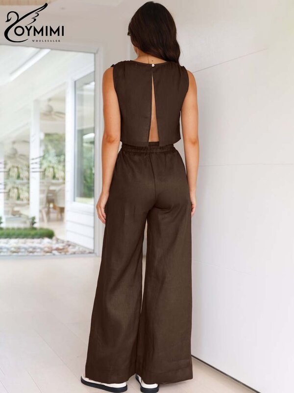 Omimi-conjunto de 2 peças femininas, top curto sem mangas e calça de cintura alta, estilo simples e casual, cor marrom