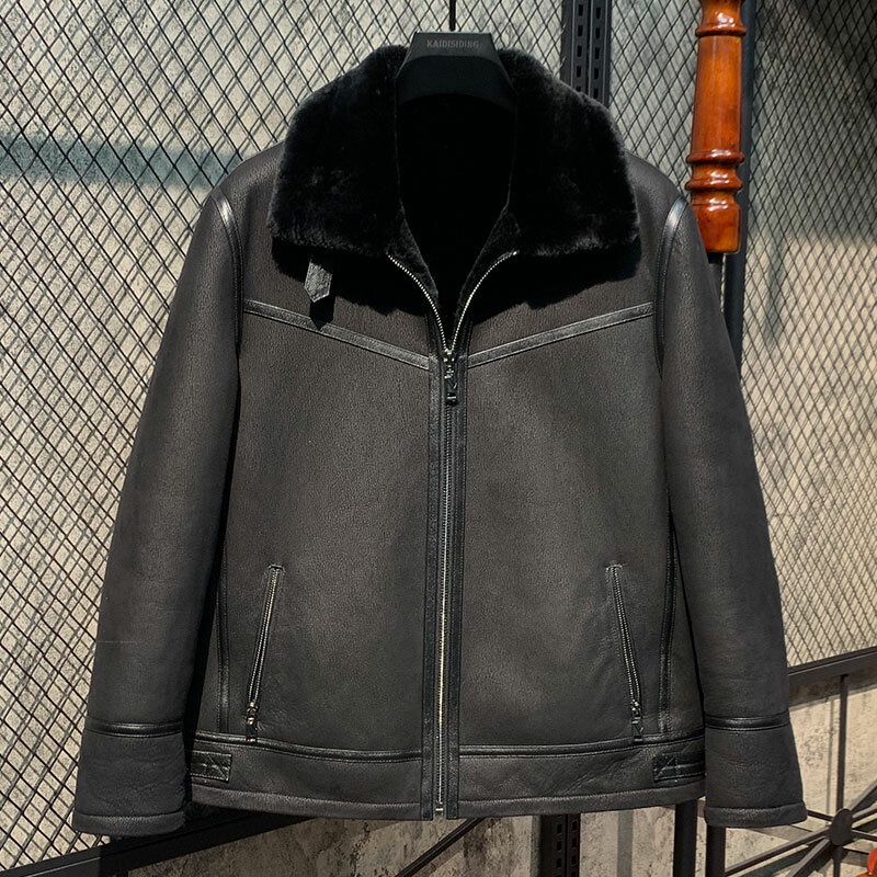 Mantel bulu alami jaket kulit domba asli pria jaket kulit motor setelan penerbangan hangat jaket musim dingin untuk pria mantel bulu domba asli