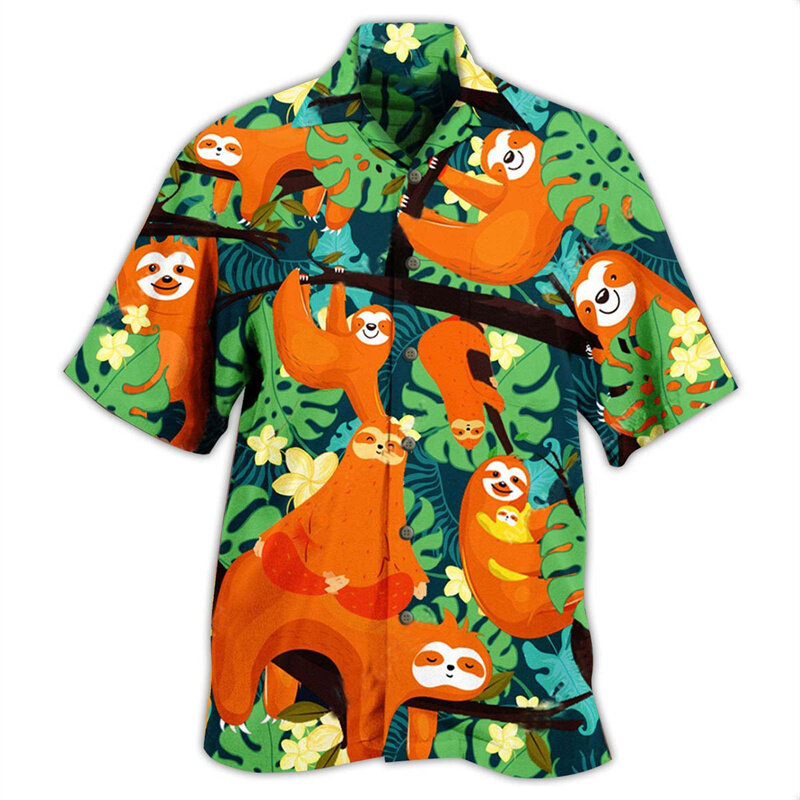 Австралийская ленивецкая гавайская рубашка для мужчин, модные рубашки с 3d принтом тропических животных, летняя уличная блузка с короткими рукавами, пуговицами и лацканами
