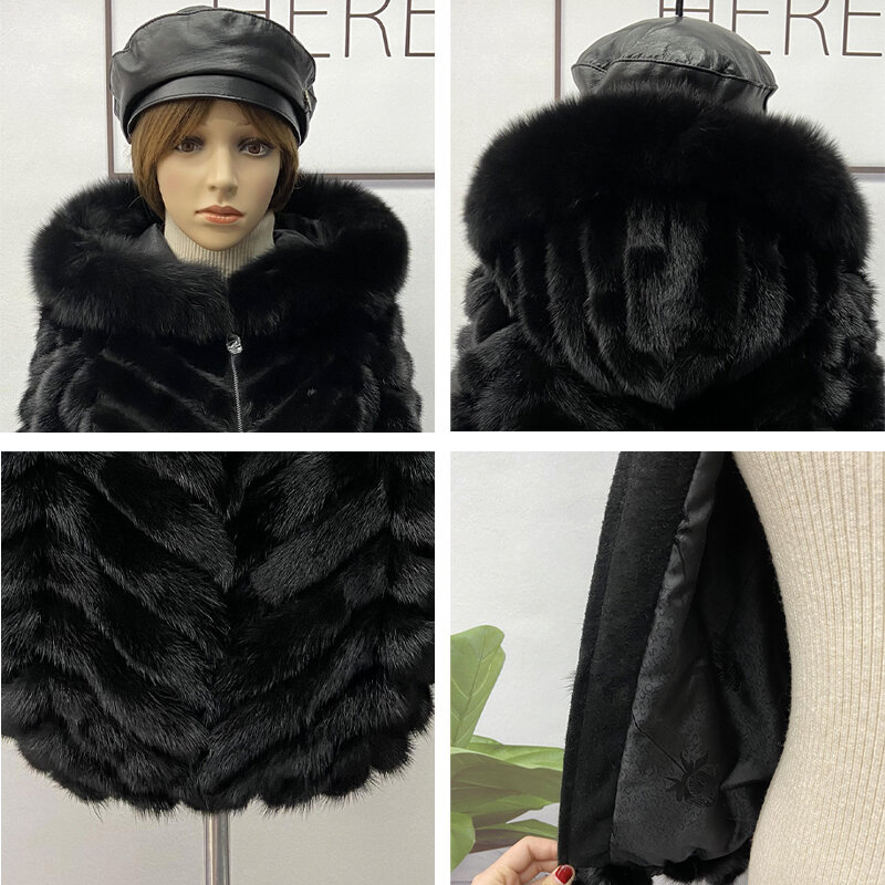 Women Real Mink Fur Jacket Women Zipper Short Coat Winter Natural Fur Mink With Fox Fur Hooded Womens Black Warm Coat Clothes