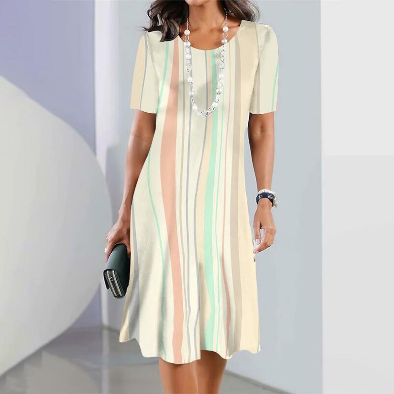 여름 여성 의류 루즈 반팔 A 라인 스커트, 고급스러운 원피스 3D 불규칙 인쇄, 여성 의류, 라운드 칼라 드레스