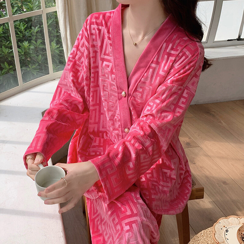 セクシーなピンクの女性用パジャマ,2ピース,家庭用カジュアルウェア,ジャカードシャツとパンツ,パジャマ