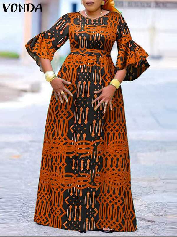 Plus Size 5XL VONDA Bohemian Long Dress 2024 Women Summer Printed Maxi Sundress Casual Loose Belted 3/4 Flare Sleeve Party Robe