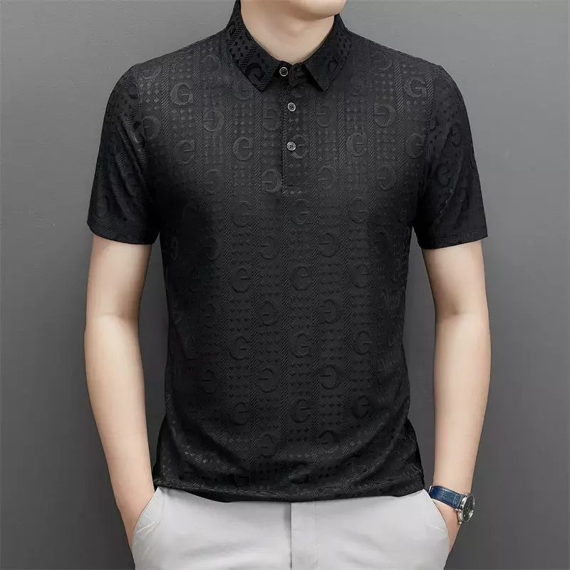 Рубашка-поло мужская с коротким рукавом, Повседневная блуза свободного покроя, трендовая Минималистичная футболка с темным узором, Тонкий Топ, лето