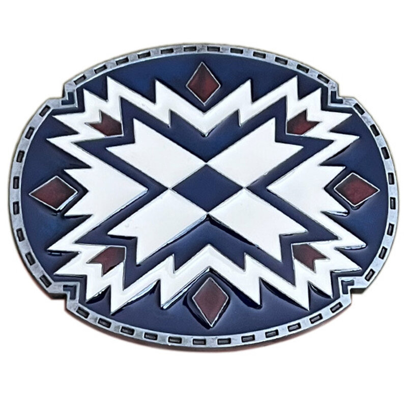 Hebilla de cinturón Ovalada para Hombre, tótem de vaquero occidental, diseño geométrico de marca, azul y blanco, envío directo
