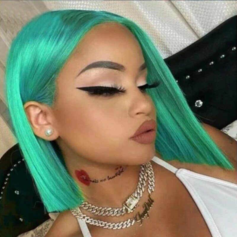 Prosta krótki Bob fryzura Pixie kolor zielony część T/13x4 HD przezroczysta koronkowa peruka z ludzkich włosów frontalna peruka dla kobiety wstępnie oskubane