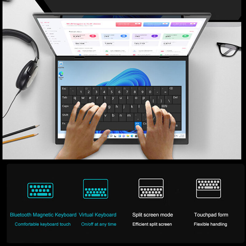 Ноутбук CRELANDER Dual Sceen, 14 + 14 дюймов, 2K, сенсорный экран, ноутбук Intel N95 CPU, 360 градусов, металлический флип-ноутбук 2 в 1