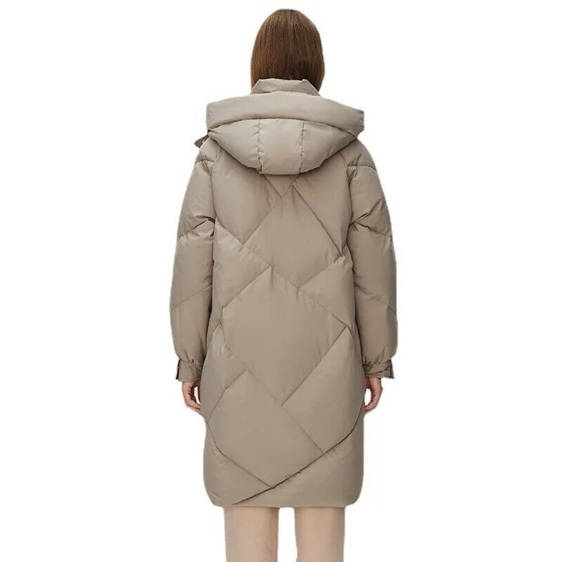 Płaszcz z kapturem damska kurtka puchowa zimowa biała kaczka zagęszczony ciepły luźny profil nowe wysokiej klasy płaszcze odporne na zimno średniej długości parki