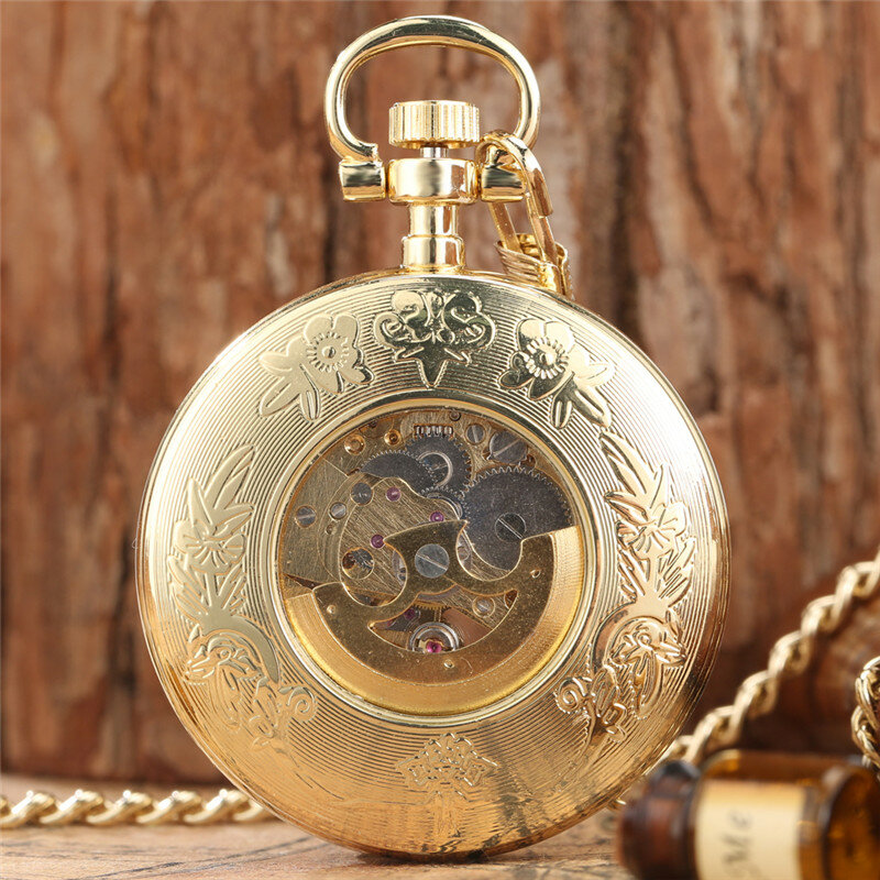 Orologio da tasca dorato giallo di lusso con Display del numero romano orologio automatico meccanico per uomo Fob Chain Watches Collectable Reloj