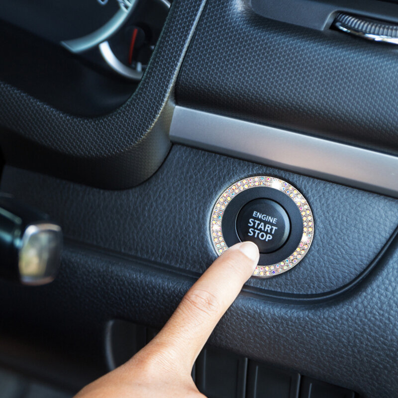 Przycisk uruchamiający/wyłączający silnik samochodu pierścienie dekoracyjne Bling akcesoria do wnętrza samochodu dla kobiet błyszczące Push, aby przycisk Start naklejki pierścienie na klucz