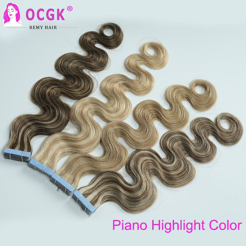 Cinta de onda corporal en extensiones de cabello humano europeo, 20/40 piezas, Balayage Color rubio, cinta adhesiva de doble cara en cabello Remy