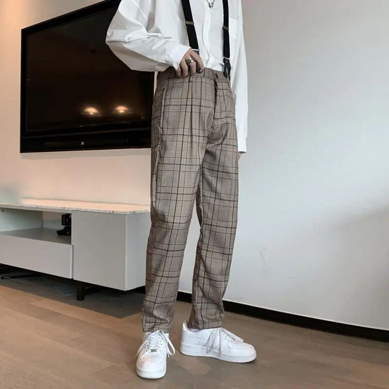 Streetwear Plaid Broek Mannen Joggers Stragiht Broek Koreaanse Hip Hop Algehele Broek Losse Vintage Broek Mode Trend Harajuku