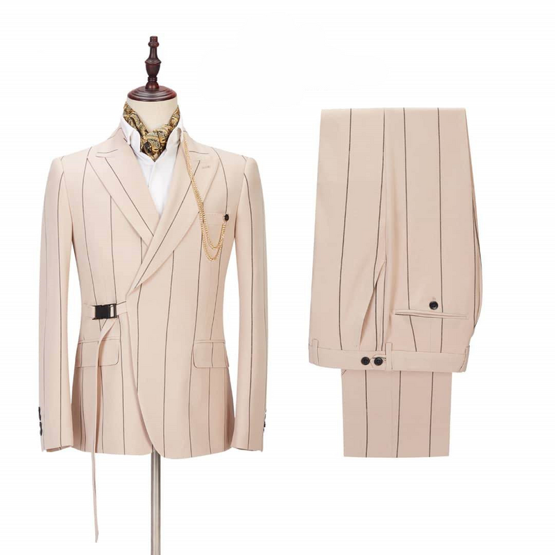 2023 Kostum Homme Fashion Setelan Pria Pernikahan Bergaris Lebar dengan Sabuk Pesta Prom Slim Fit Tuxedo Groom Terno Masculino Blazer 2 Buah
