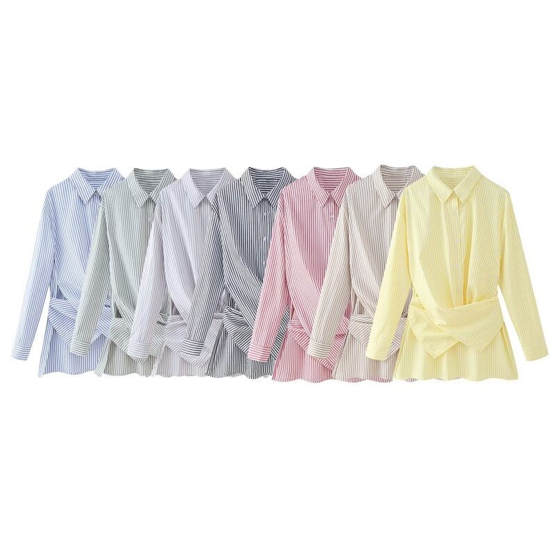 여성용 레이스 장식 슬림핏 비대칭 스트라이프 셔츠, 레트로 긴팔 단추 업 셔츠, 시크한 상의, 2024 신상 패션
