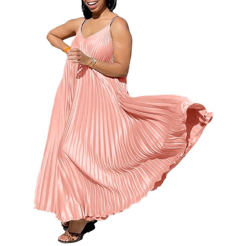 Gaun ukuran besar Afrika untuk wanita musim panas seksi 2024 tanpa lengan poliester lipatan pesta malam gaun Maxi panjang pakaian Afrika