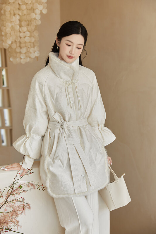 Женский пуховик в китайском стиле, зимняя утепленная Свободная куртка на белом утином пуху с пряжкой в стиле ретро, 90