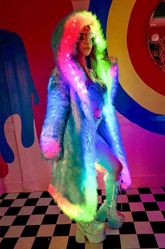 Neue LED Kostüm Kunst pelz Mantel fern gesteuerte LED Beleuchtung Festival und Party Kostüm Frauen Kunst fuchs Pelzmantel