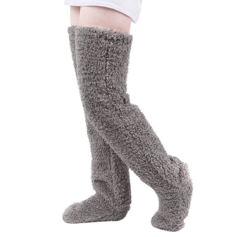 Sobre o joelho alta fuzzy meias longas chinelo de pelúcia meias perna aquecedores inverno casa dormir meias