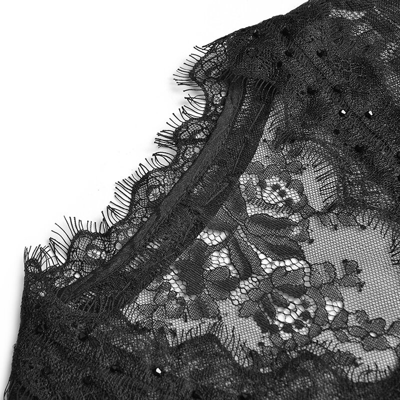خياط متجر الخامس الرقبة طويلة الأكمام مطرز الدانتيل مع الخصر كشكش كعكة تنورة شبكة فستان منتفخ فستان الدانتيل الأسود الصغير