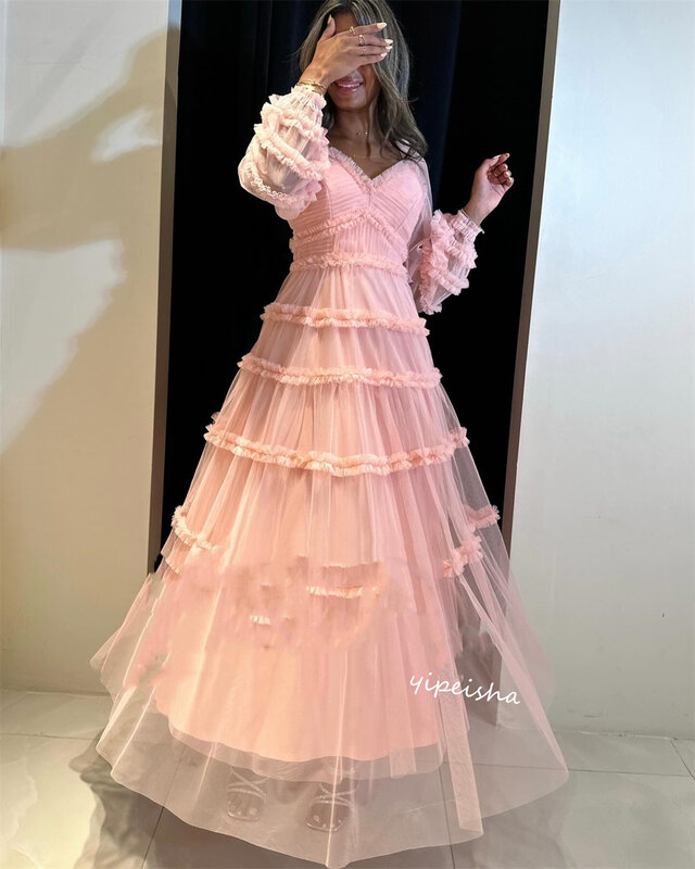 Gaun Prom Tulle terbungkus Hari Valentine gaun pesta leher V Bespoke gaun acara gaun Midi Gaun Arab Saudi