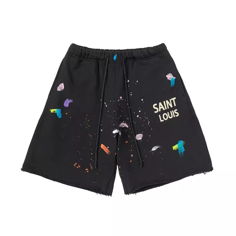 24ss Splash Ink Graffiti SAINT LOUIS Black Shorts For Men Women 1:1 Best Quality SSSaint Oversized Shorts