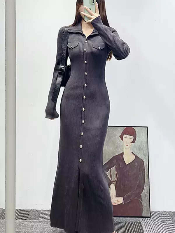 Женское трикотажное однобортное платье, винтажное длинное платье с отложным воротником и длинным рукавом, Осень-зима