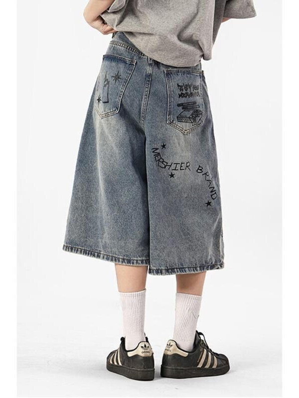 HOUZHOU Harajuku Graphic Y2k Jorts Women Wide Leg Blue Denim Shorts Grunge Streetwear Oversized High Waist Knee Length Jeans